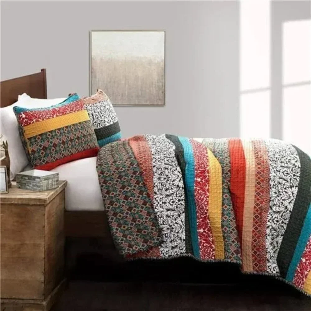 Boho Stripe Quilt Reversible 3 Piece Bohemian Design Bedding Set